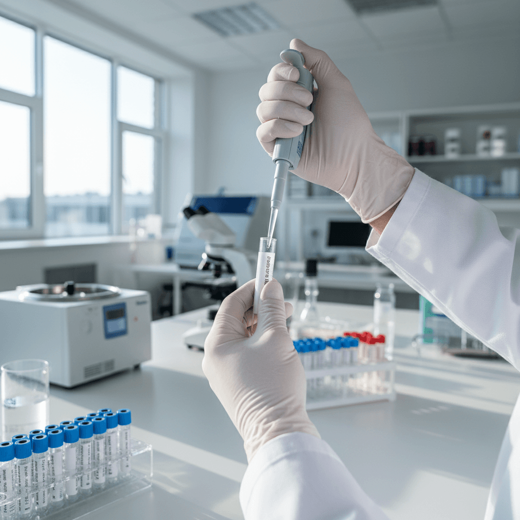 Clinical research laboratory with scientist analyzing immune health data