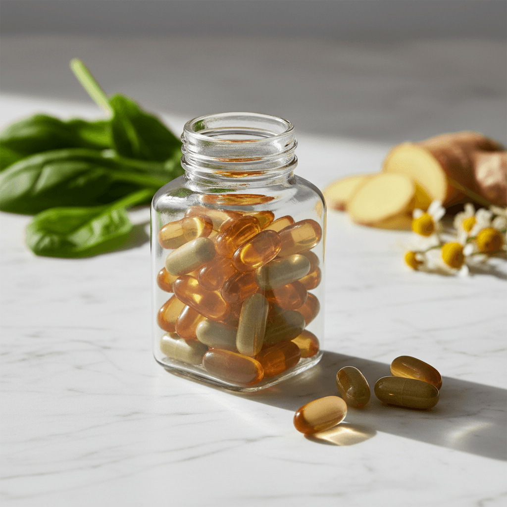Natural supplement capsules in clear amber glass bottle with scattered pills and fresh herbs on marble surface