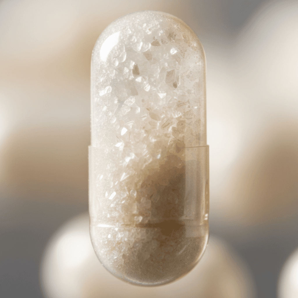 Macro close-up of translucent hydrolyzed collagen capsule revealing crystalline contents with directional side lighting